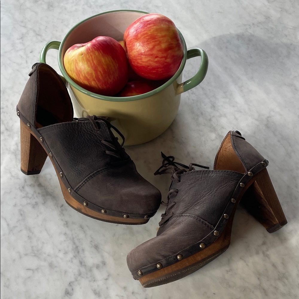 Sanita Dark Brown Leather Heeled Clogs